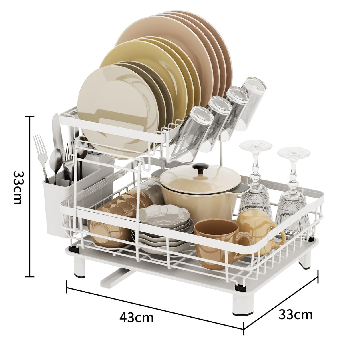 43 cm White 2-Tier Dish Rack with Extendable 360° Drain Spout