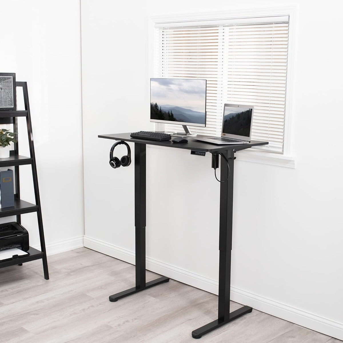 Electric Height Adjustable 102cm x 61cm Stand Up Desk, Complete Standing Workstation with Memory Controller, Black 2 Part Top, Black Frame