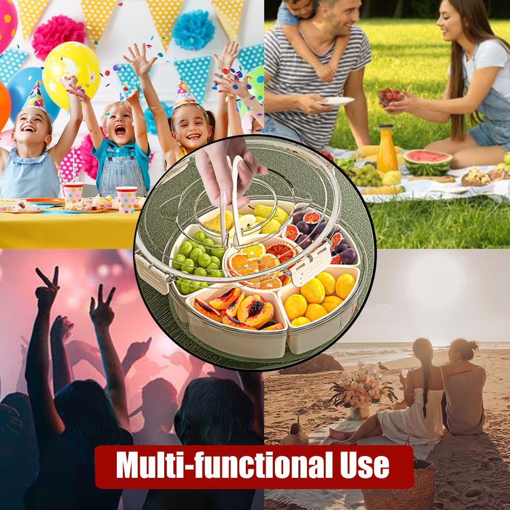 Portable Spinnable Snackle Box Container, Divided Dishes, Trays & Platters,Divided Rotating Serving Tray with Lid and Handle for Veggie, Fruit, Candy, Nuts, Divided Serving Platter