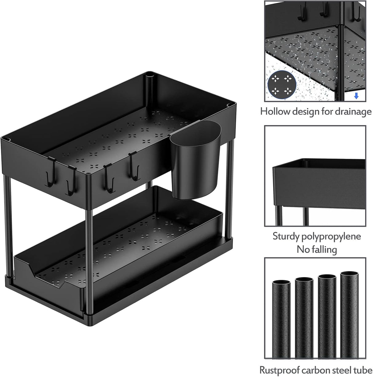 Puricon 1 Pack Under Sink Organizers and Storage Pull Out Sliding Drawer, 2 Tier Multi-Purpose Kitchen Under The Sink Organizer Under Bathroom Sink Shelf Storage Rack for Countertop Laundry -Black