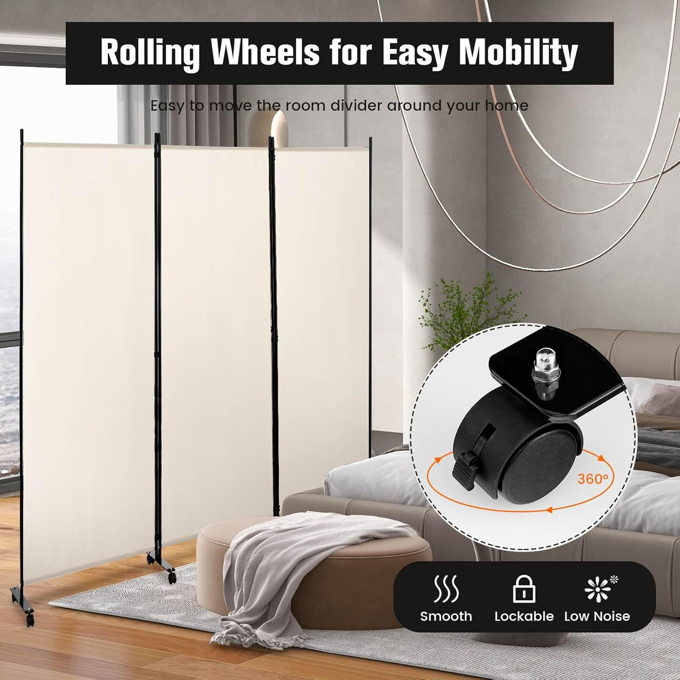 180cm Rolling 3-Panel Room Divider – Black or White Star