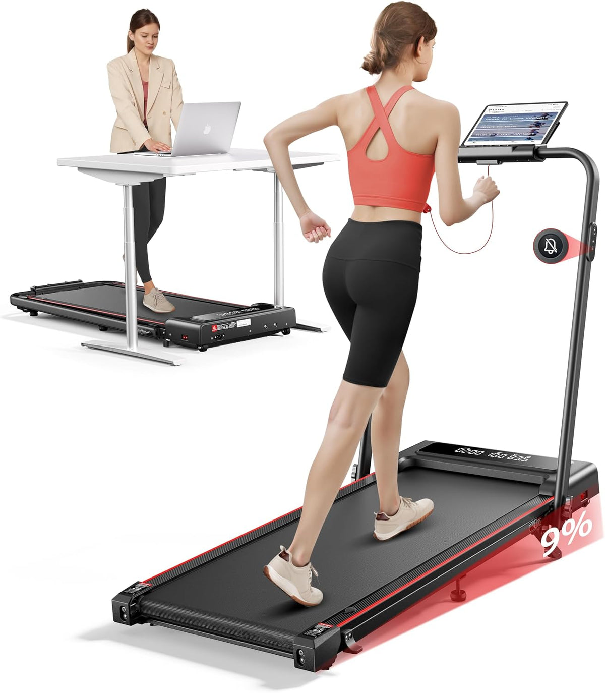 4 in 1 Foldable Walking Pad Treadmill with Incline and Handle Bar, 2.5HP with Dual Display and Mute Control, Under Desk Treadmills for Home with App Bluetooth Folding Treadmill
