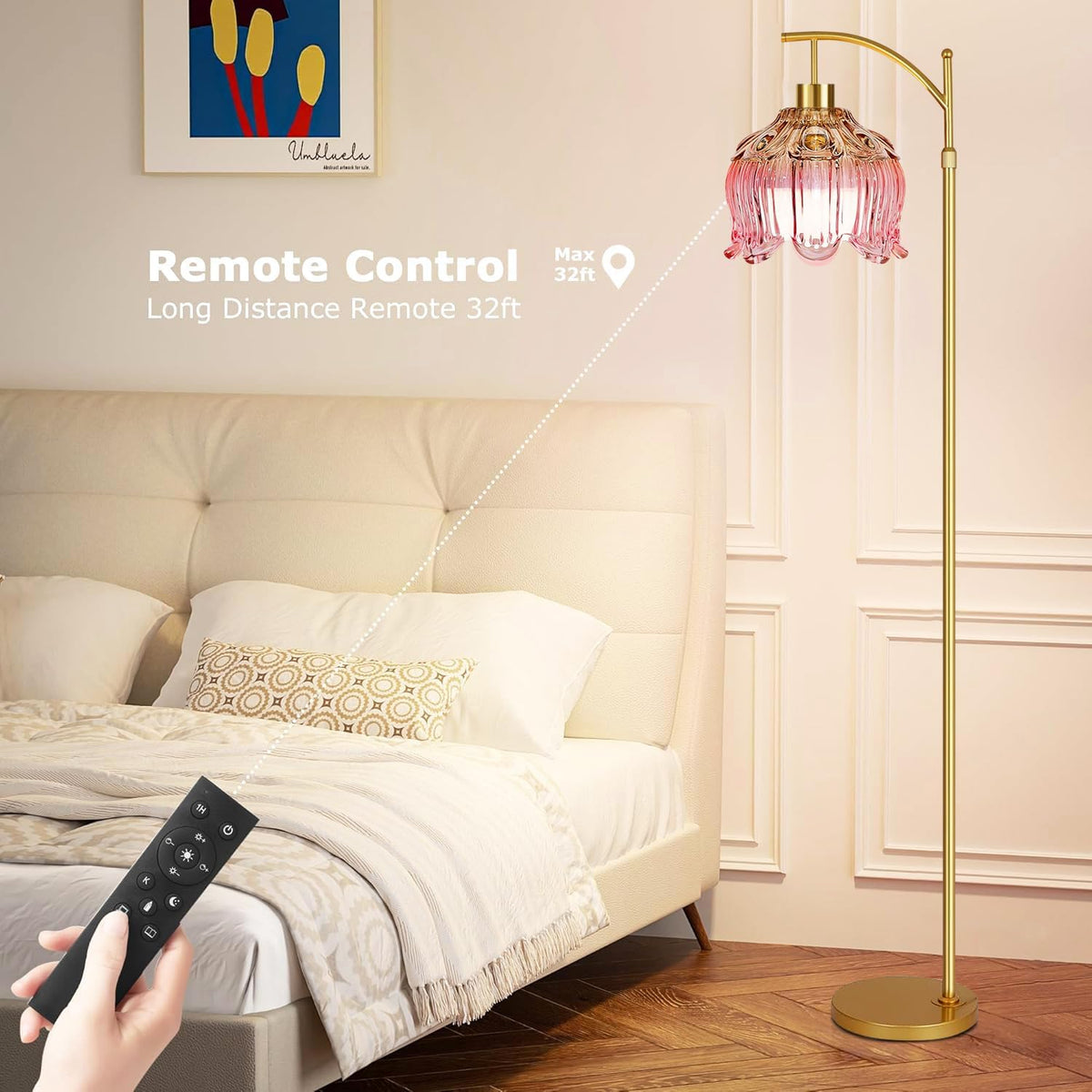 Gold Dimmable Floor Lamp with Pink Glass Shade