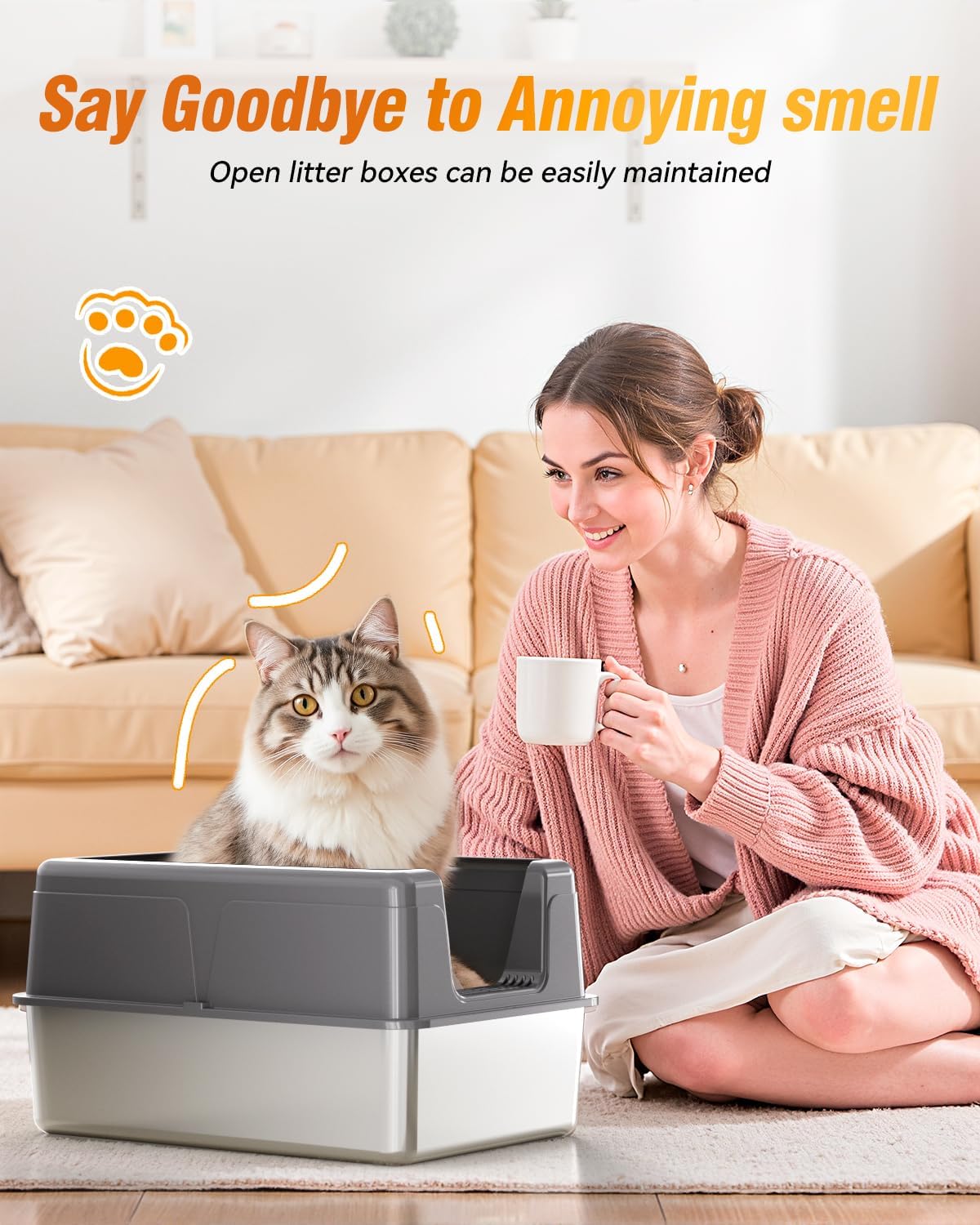 LOVELEDI Cat Litter Box - Stainless Steel Cat Litter Box, Extra Large Cat Little Tray with Lid for Big Cats, XXL Kitty Litter Pan Boxes with High Sides Enclosed, Non-Sticky, 61L x 40.6W x 30.5H CM