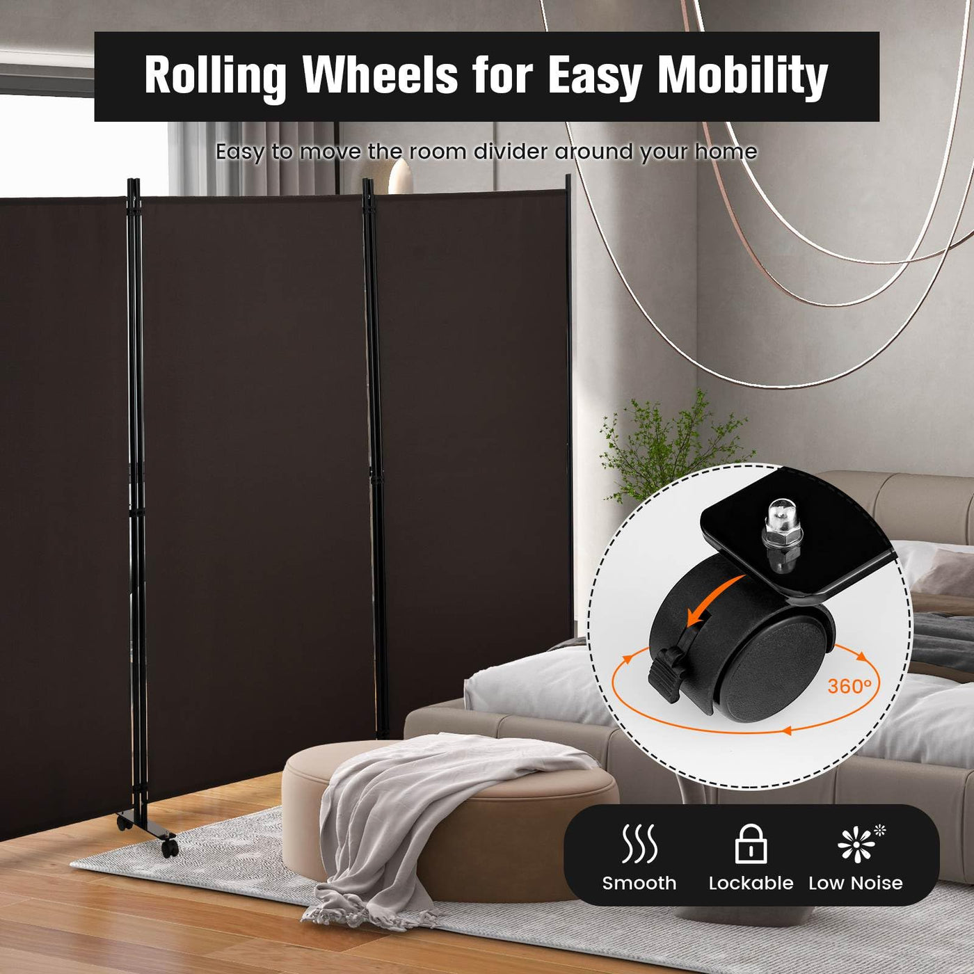 180cm Rolling 3-Panel Room Divider – Black or White Star