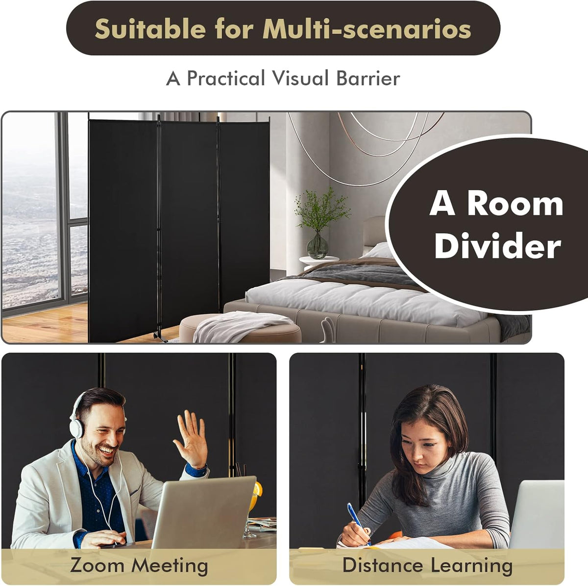 180cm Rolling 3-Panel Room Divider – Black or White Star