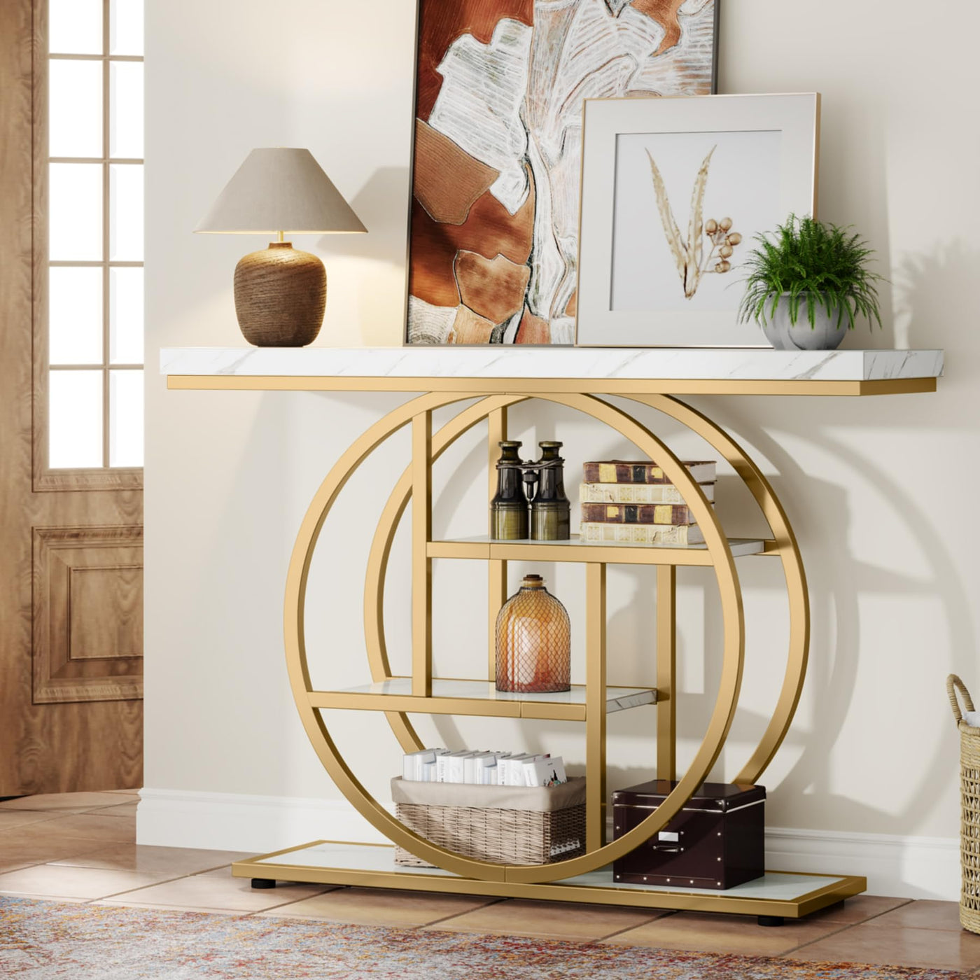 105 cm 4-Tier Industrial Console Table – White & Gold