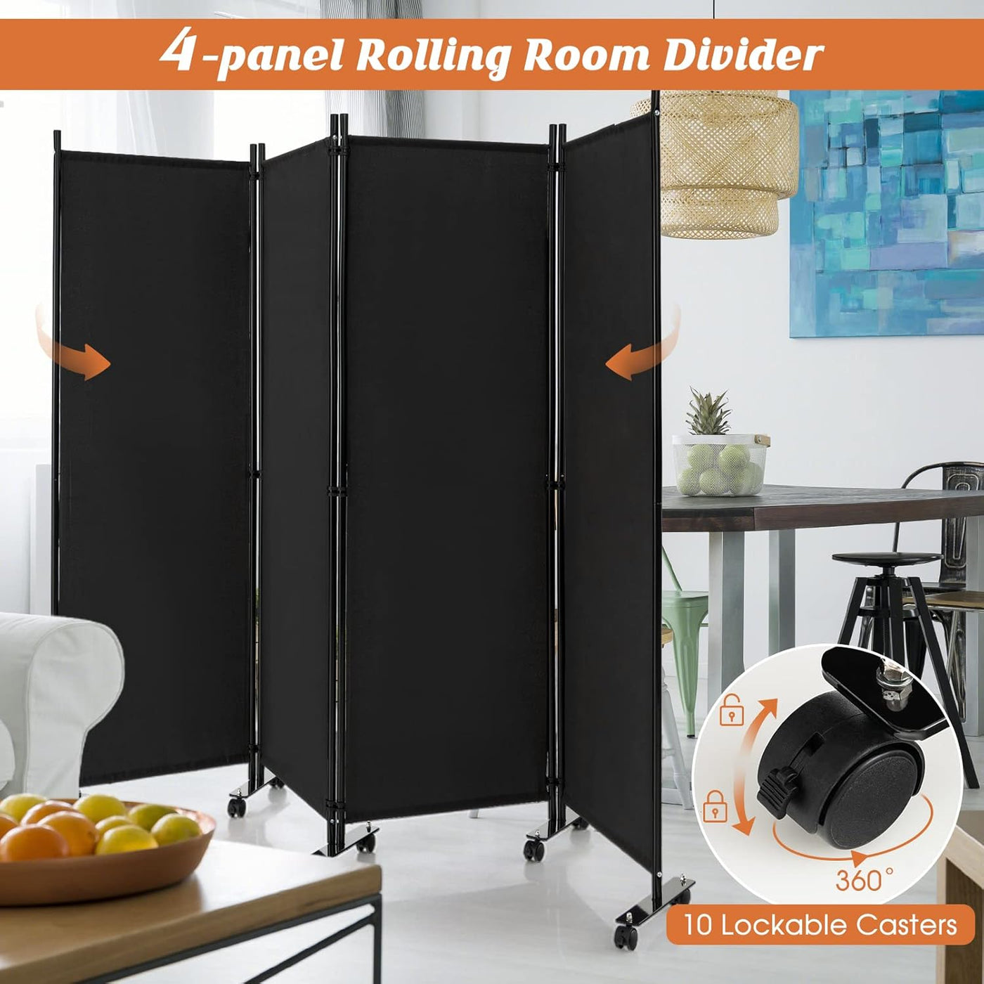 173cm Rolling 4-Panel Room Divider – 4 Colours