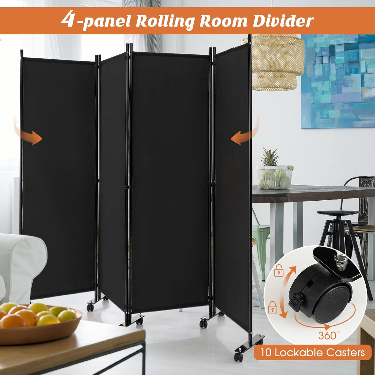 173cm Rolling 4-Panel Room Divider – 4 Colours