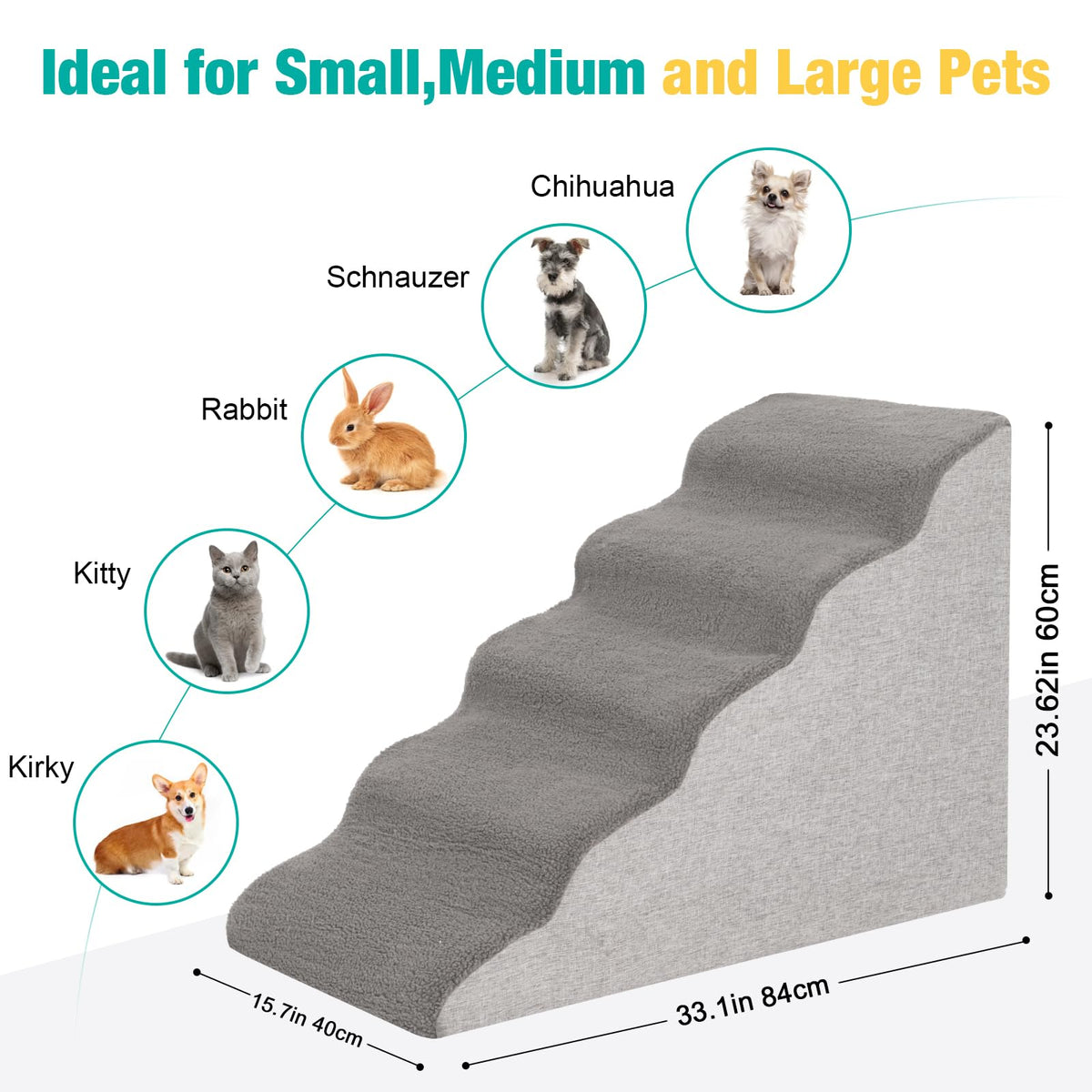 5-Tier Grey Foam Pet Stairs for Beds & Couches