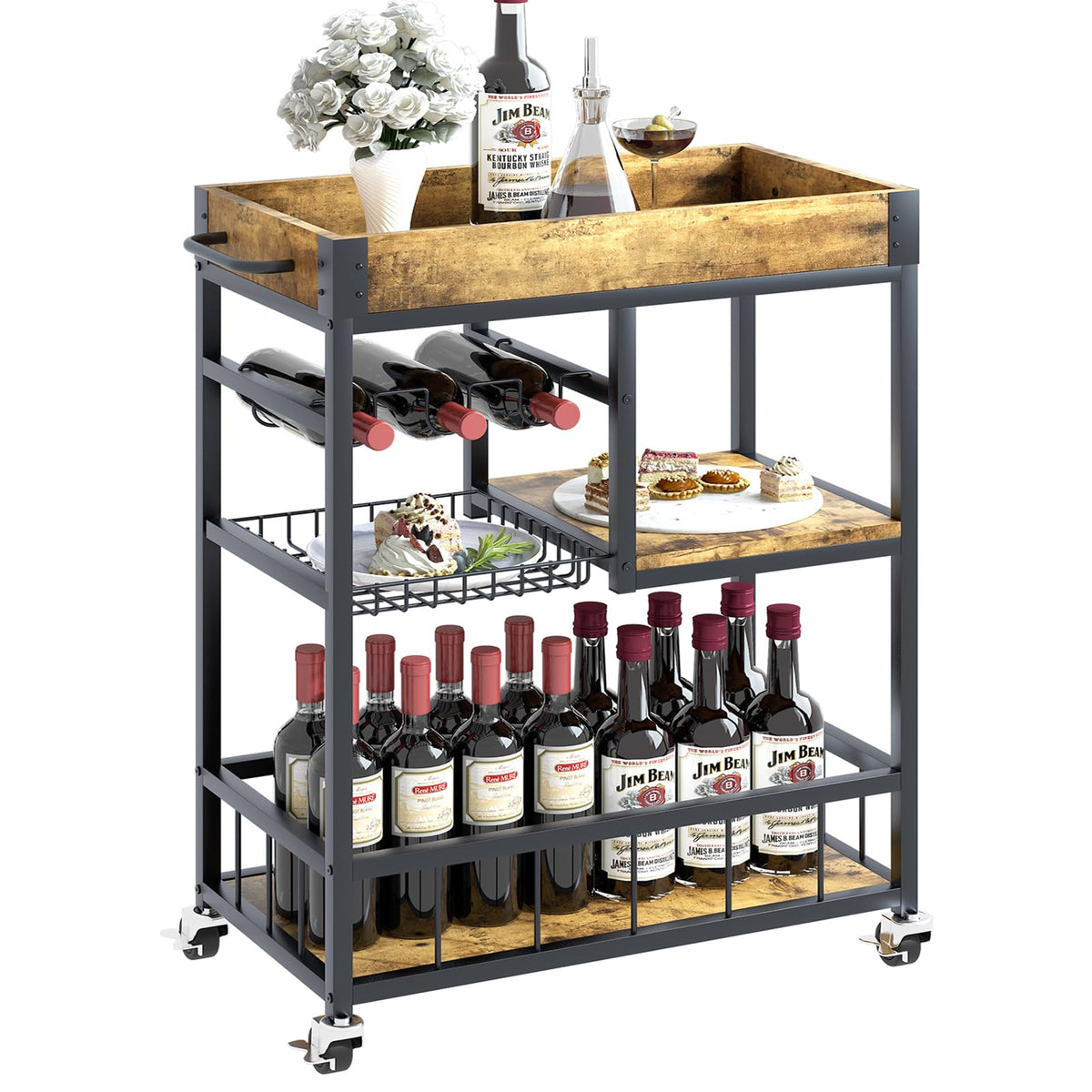 3-Tier Rustic Bar Cart with Removable Serving Tray