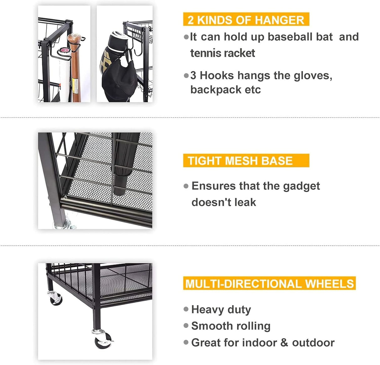 All-in-one Ball Storage Rack Metal Garage Sports Equipment Storage Organizer Basketball Holder Cart 91x42x116.5cm w/Wheels Hooks,Indoor Outdoor