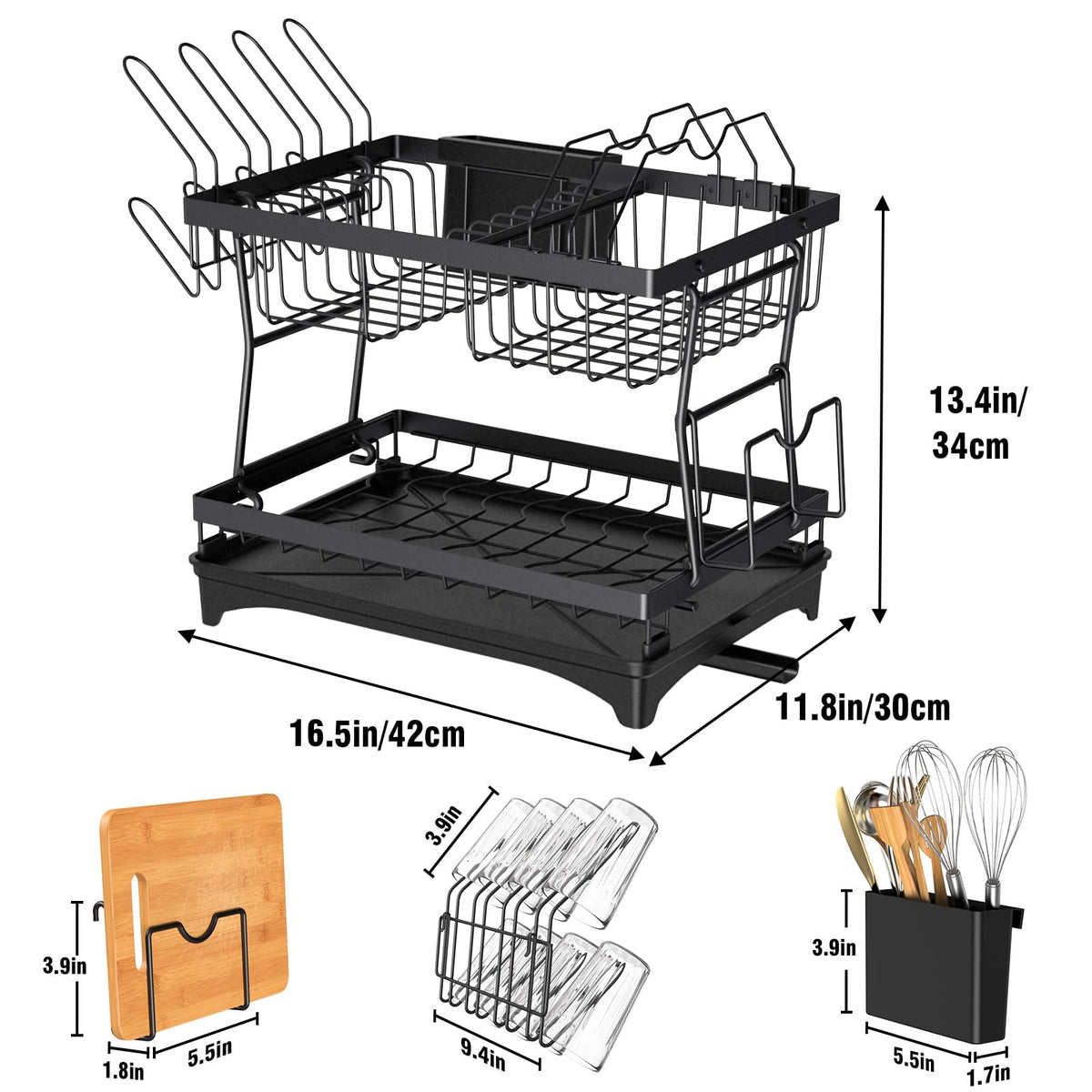 Large Black 2-Tier Dish Rack with Swivel Drain Spout