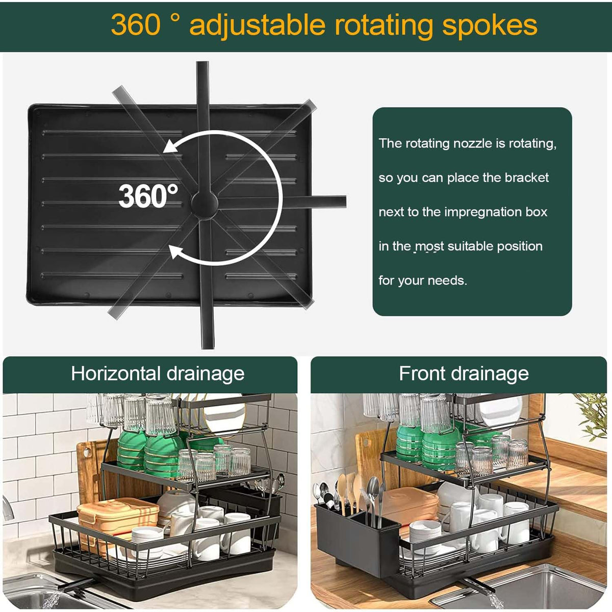3-Tier Black Dish Rack with 270° Drain Channel