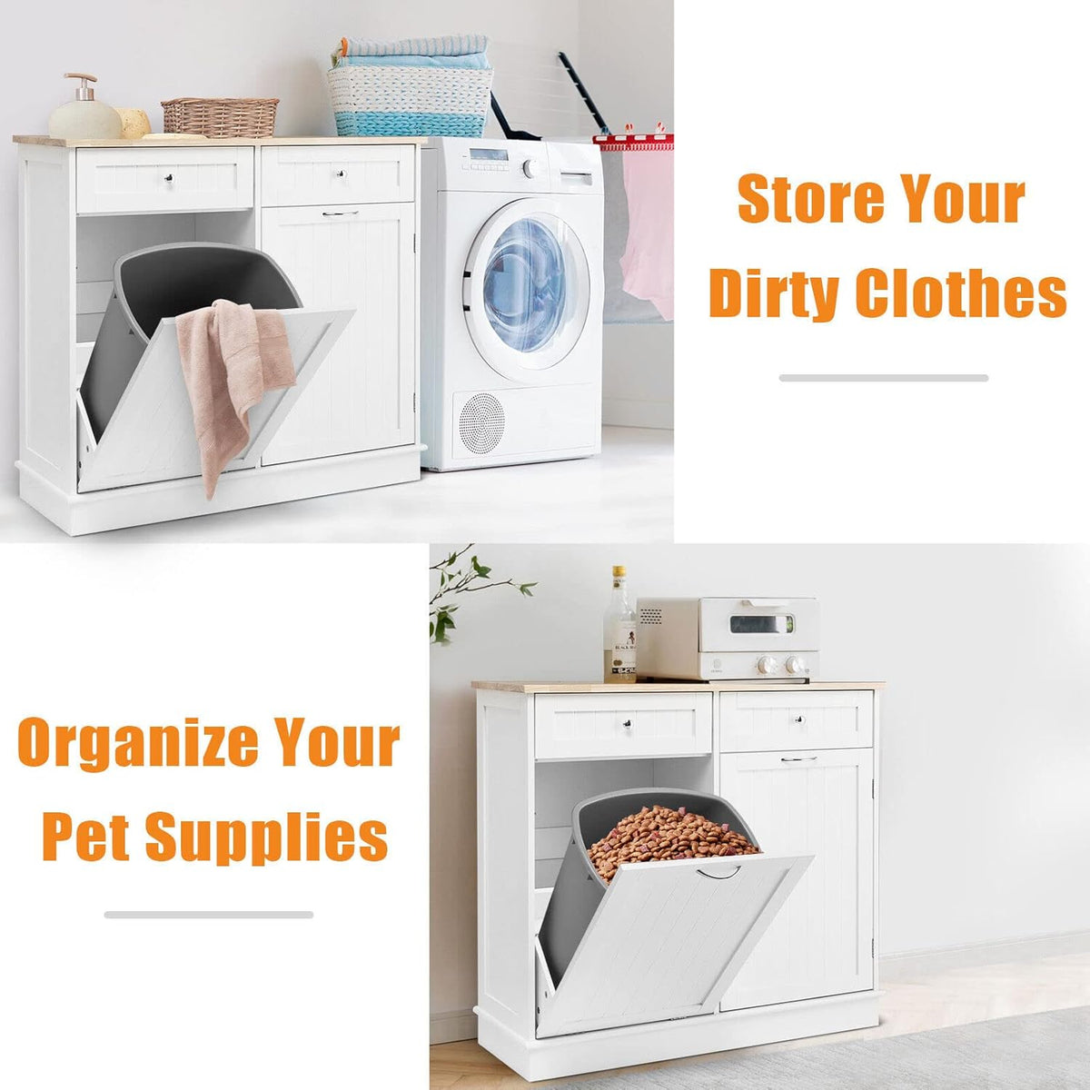 White Tilt-Out Bin Cabinet with 2 Drawers & Rubberwood Top