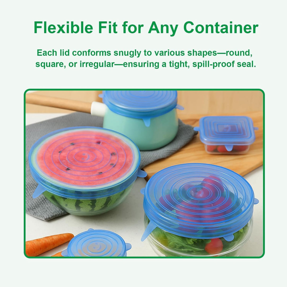 Silicone Stretch Lids 6 Pack Reusable Food Covers in Blue | Airtight & Leakproof Seal, Flexible Silicone, Fits Bowls & Containers, Kitchen Storage, Fits Fruits