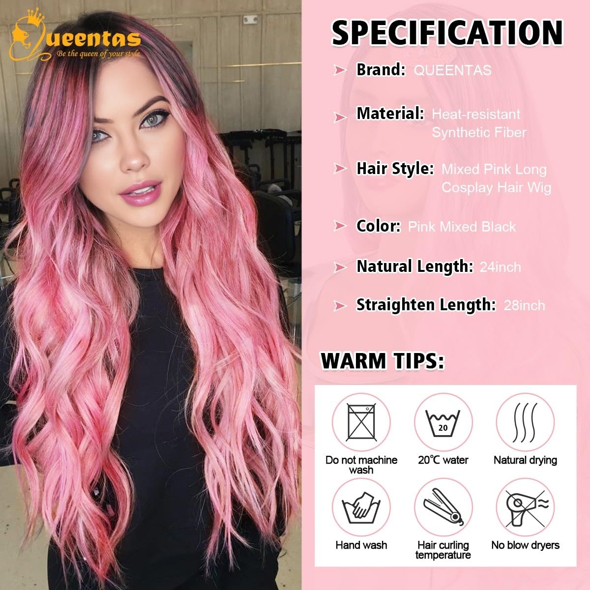 24-Inch Centre-Part Wavy Synthetic Wig – Pink