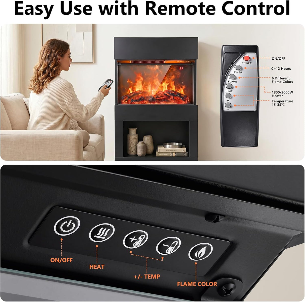 2000W Electric Fireplace Heater with Mantel, Powerful Space Heaters with 6-Color LED Flame, 2 Heating Levels, 12H Timer, Lower Storage, Overheat Protection for Indoor Use, Black
