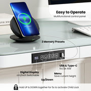 Electric Standing Desk with Drawer, Height Adjustable Desk with Whole Piece Tempered Glass Top, Sit Stand Desk with 2 Memory Positions & USB Type-C Outlets for Home Office 120x60 cm
