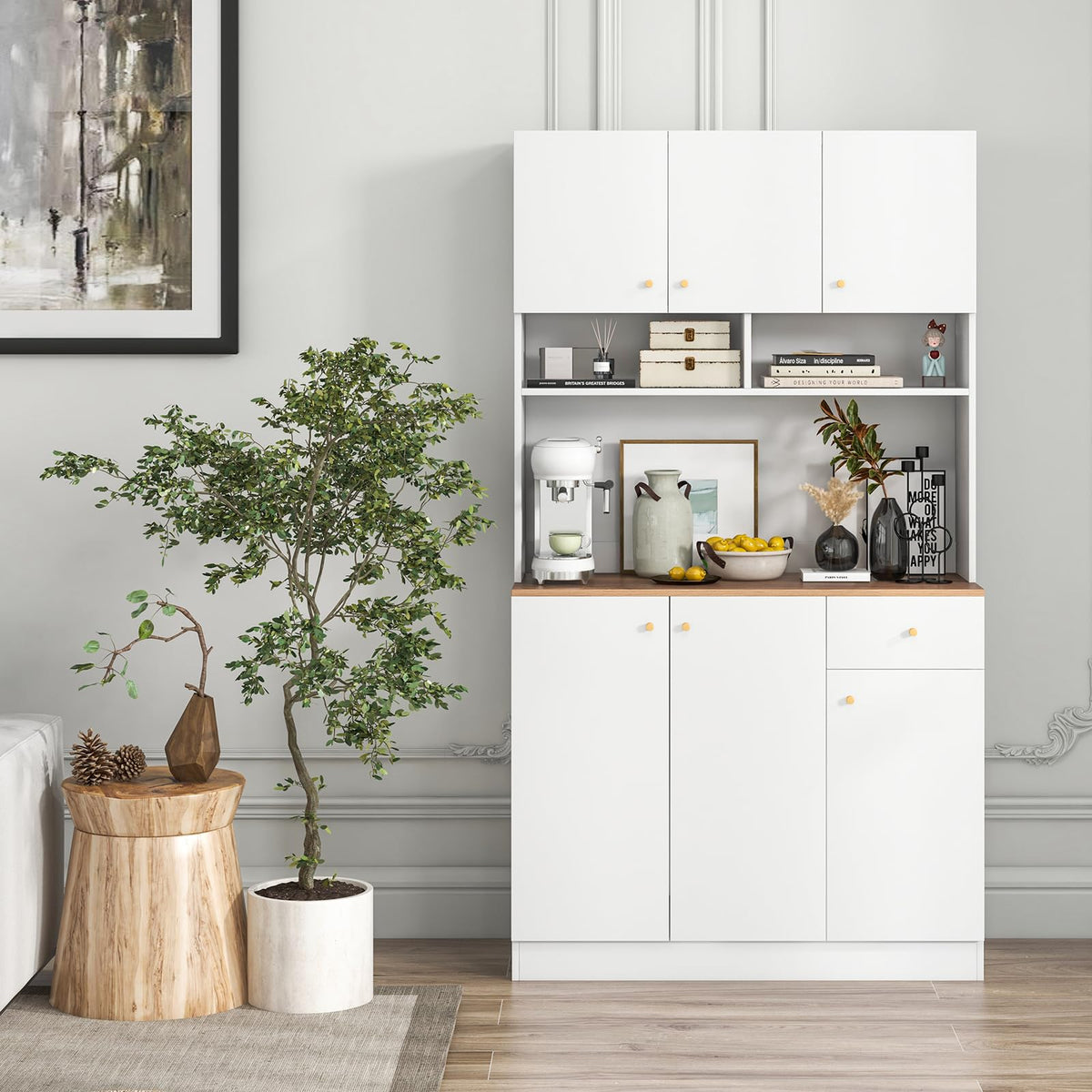 Tall Pantry Cabinet, Kitchen Cabinet with Outlets, USB Ports, Anti-Tipping Kits & 3-Position Adjustable Shelves, Freestanding Buffet Cupboard with Hutch, Microwave Cabinet Dining Room