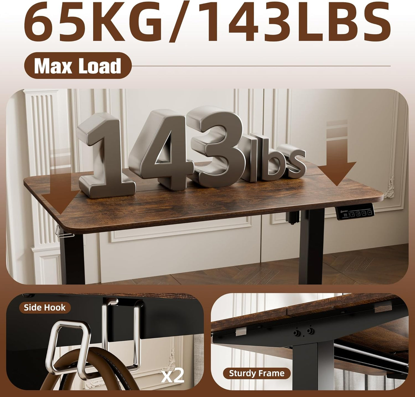 Electric Standing Desk 90x60cm (35.4"x23.6"), Height Adjustable Standing Desk with Splice Board, Sit Stand Desk with Hook and Memory Smart Handset(Black Frame + Rustic Brown Desktop)