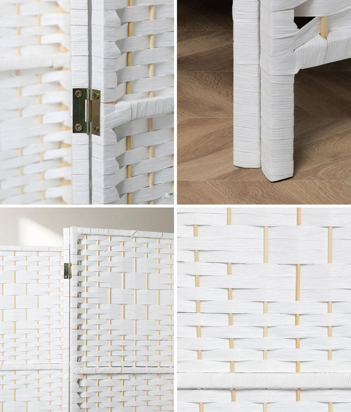 White 6-Panel Pine & Woven-Rattan Room Divider – 170cm