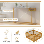 White Faux-Marble Console Table with Wire Basket