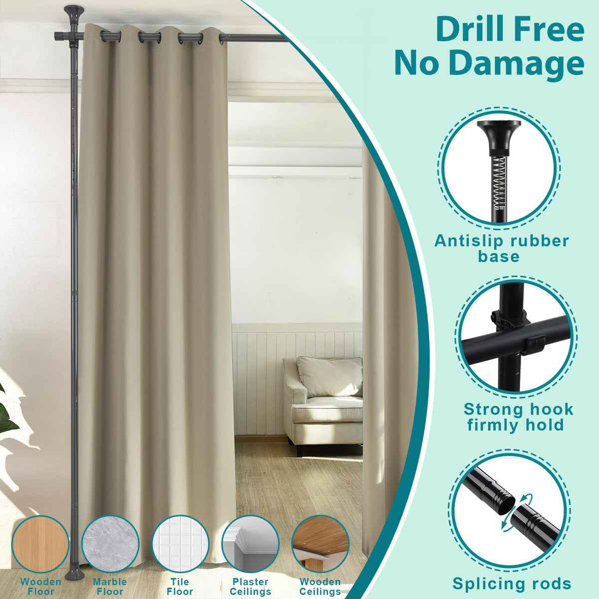 No-Drill Curtain Divider Frame – 71–178cm Wide, Up to 3m High