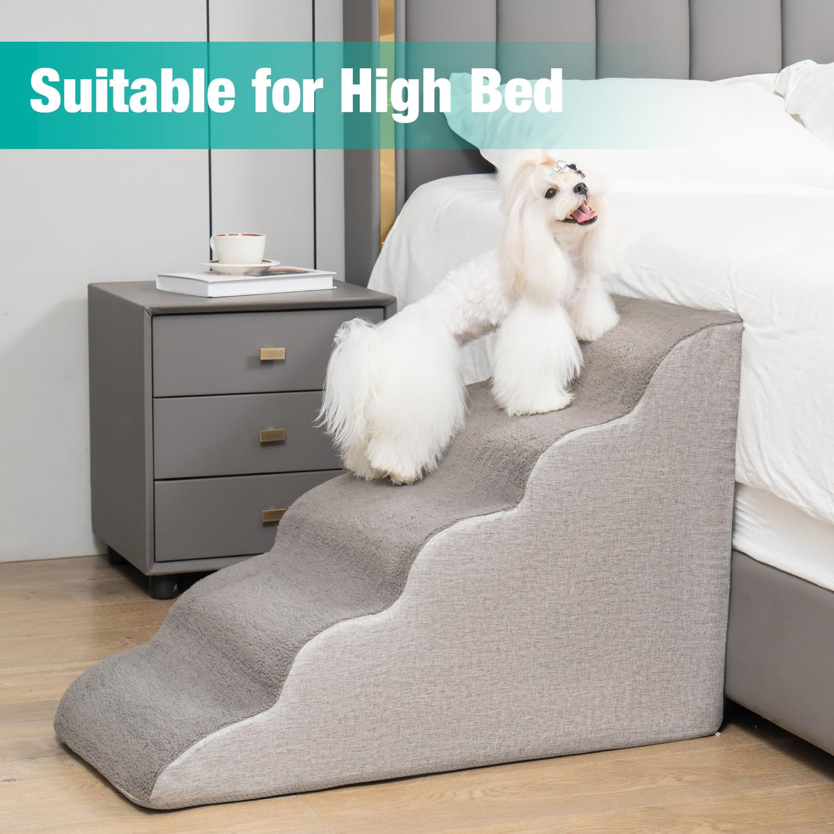 5-Tier Grey Foam Pet Stairs for Beds & Couches