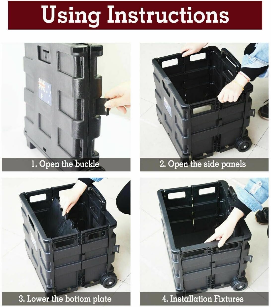 Folding Carry Cart with Lid I Foldable Shopping Cart Trolley I Portable Pack & Roll Folding Grocery Basket I Container Carrier I Grocery Bag for Shopping Travel (Red)