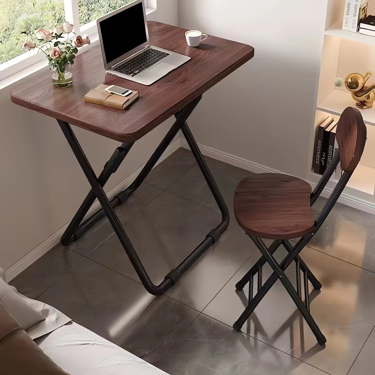 Foldable Desk & Chair Set – 60 × 40 cm, Coffee Brown