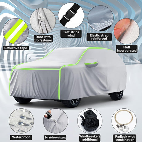 SUV Car Cover, Waterproof with Cotton Lining, Zippers & Reflective Strips UV-Resistant, Snowproof, Scratch-Resistant, Outdoor Use Compatible with Models Measuring 520x200x180CM (Sliver Green)