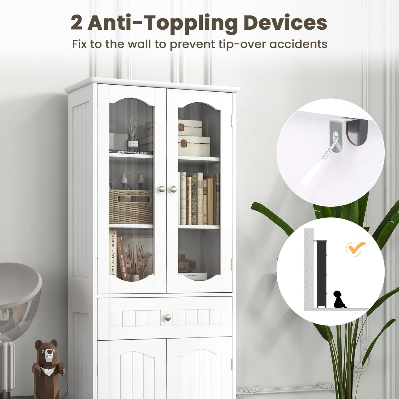 160 cm White Storage Cabinet with Glass Doors & Drawer