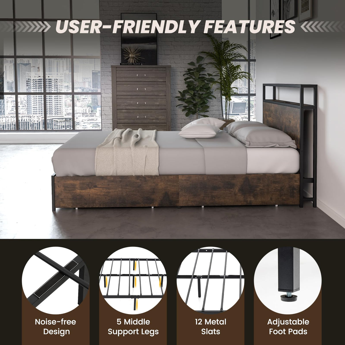 Queen Metal Platform Bed with RGB Headboard, Charging & 4 Drawers