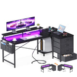 ODK L Shaped Computer Desk with Monitor Stand 140x80cm,Reversible Corner Gaming Desk with LED Lights & Power Outlets& Storage Drawers,for Home Office Writing Study,140 * 80 * 89cm,White