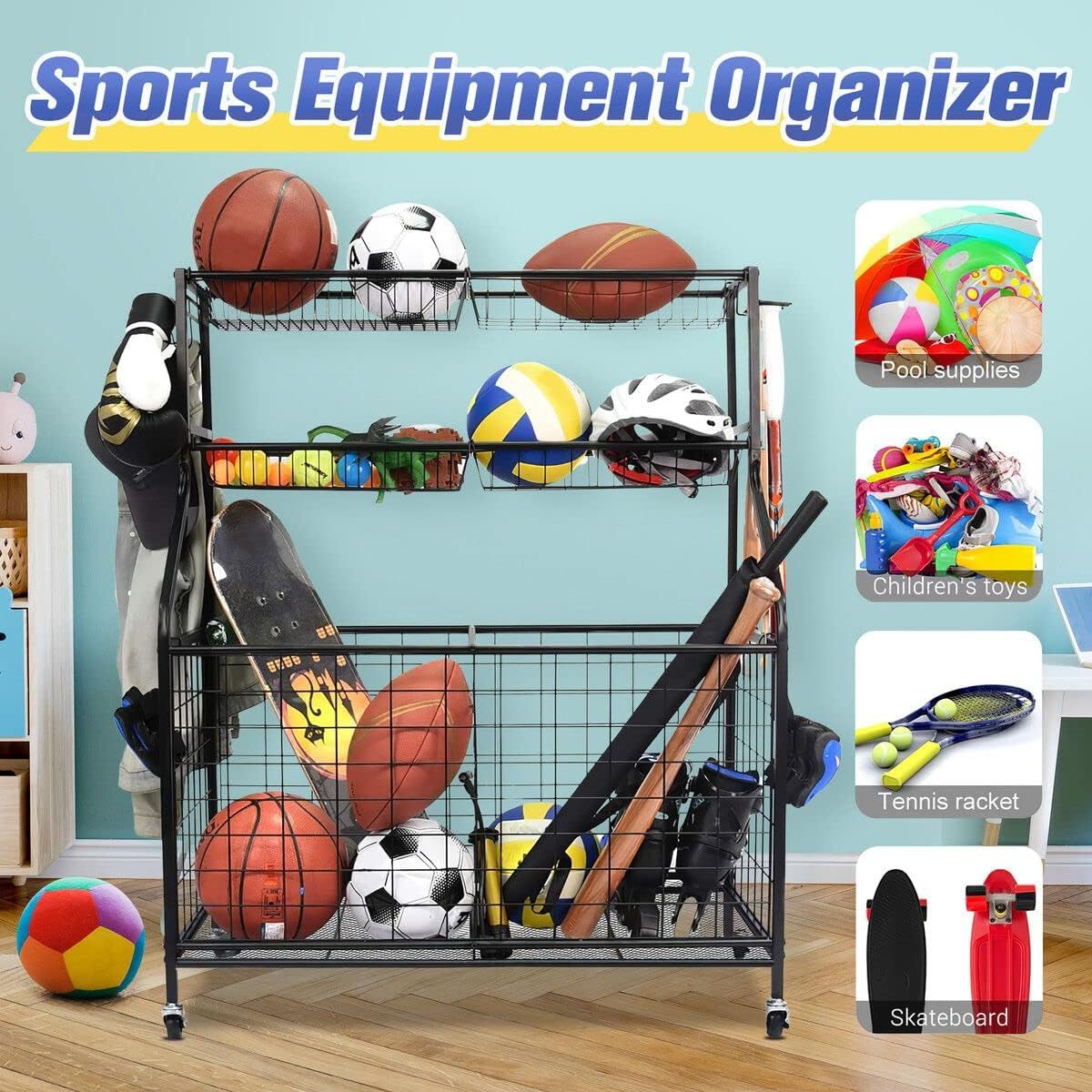 Rolling Sports-Ball Storage Rack with Baskets & Hooks