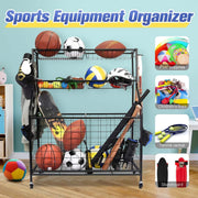 Rolling Sports-Ball Storage Rack with Baskets & Hooks