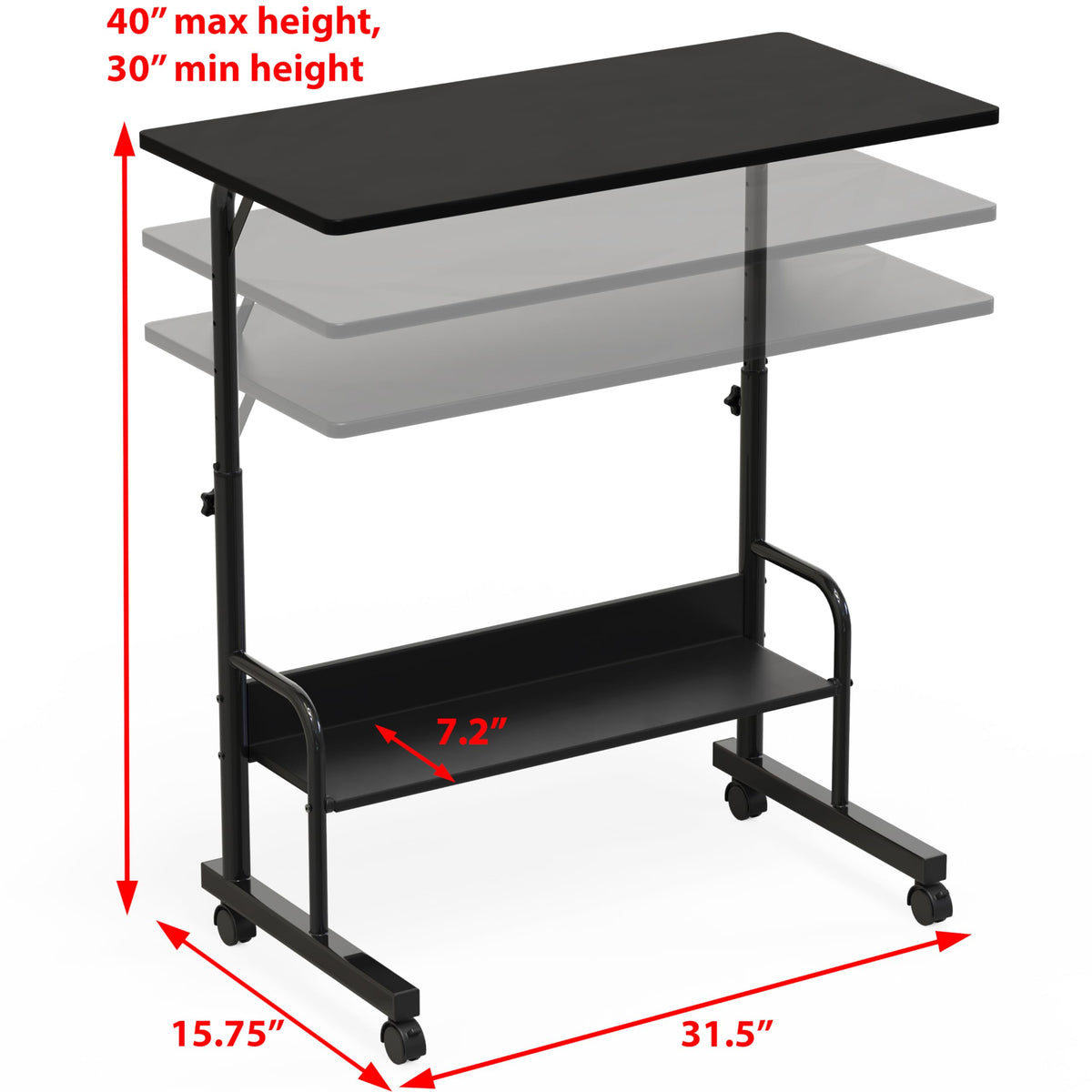 Black Adjustable Mobile Standing Desk with Locking Wheels