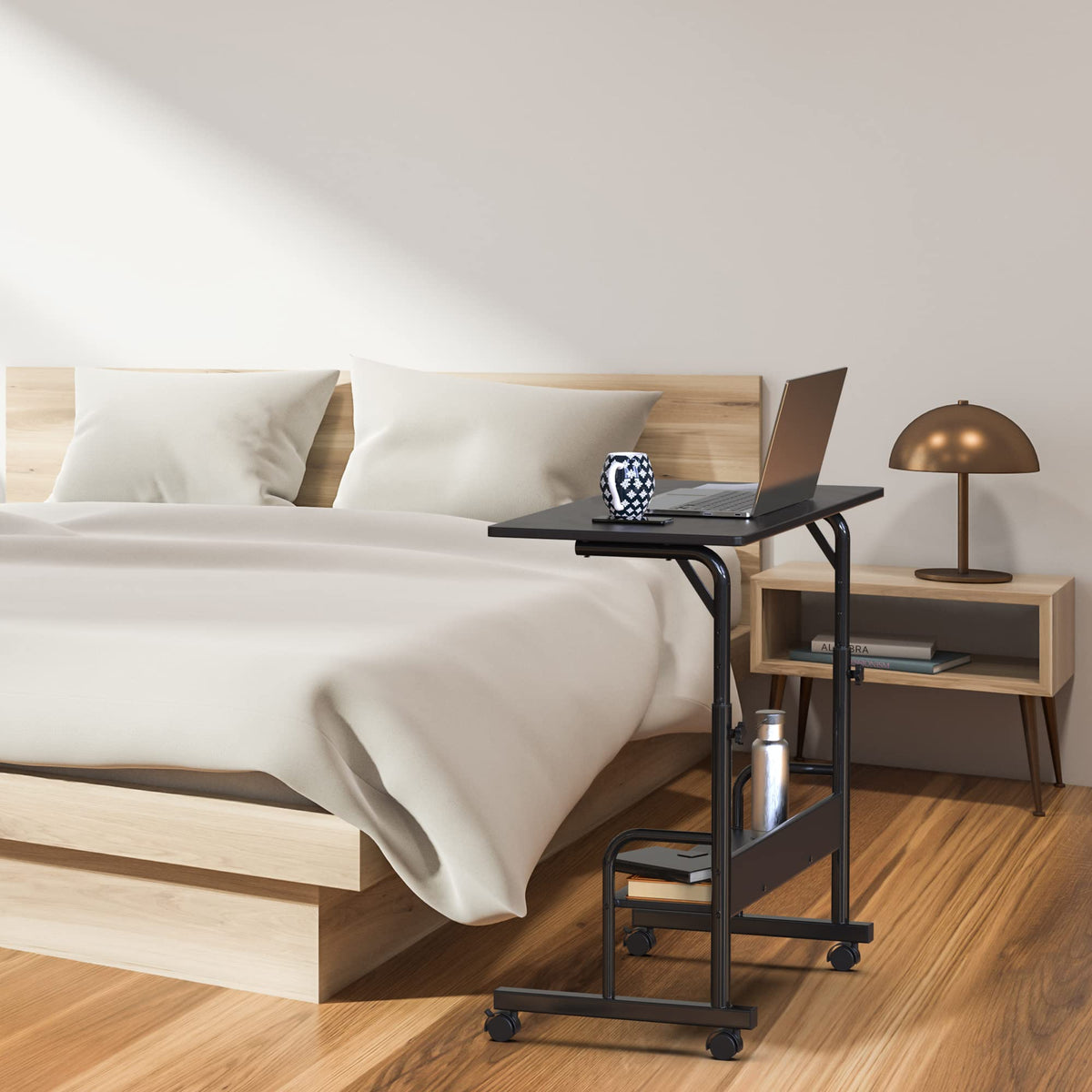 Black Adjustable Mobile Standing Desk with Locking Wheels