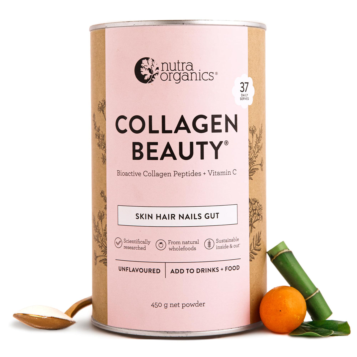Nutra Organics Collagen Beauty Vanilla 225g | Low Sugar, Non-Dairy, Drink Mix w/Vitamin C | Collagen Powder that Supports Skin Elasticity & Hydration, Healthy Hair, Nails, & Gut Wellbeing (18 Serves)