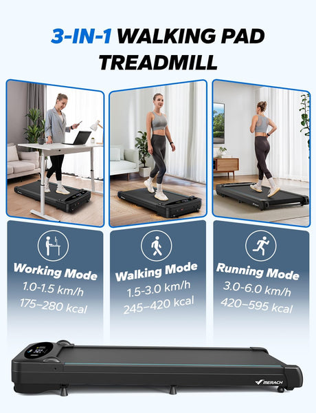 MERACH Walking Pad Treadmill,Under Desk Treadmills for Home & Office,Walking Pad Portable Walk Pad with Max 3.8MPH 40 dB,2 in 1 Quiet Portable Mini Treadmill with Remote Control, APP,LED