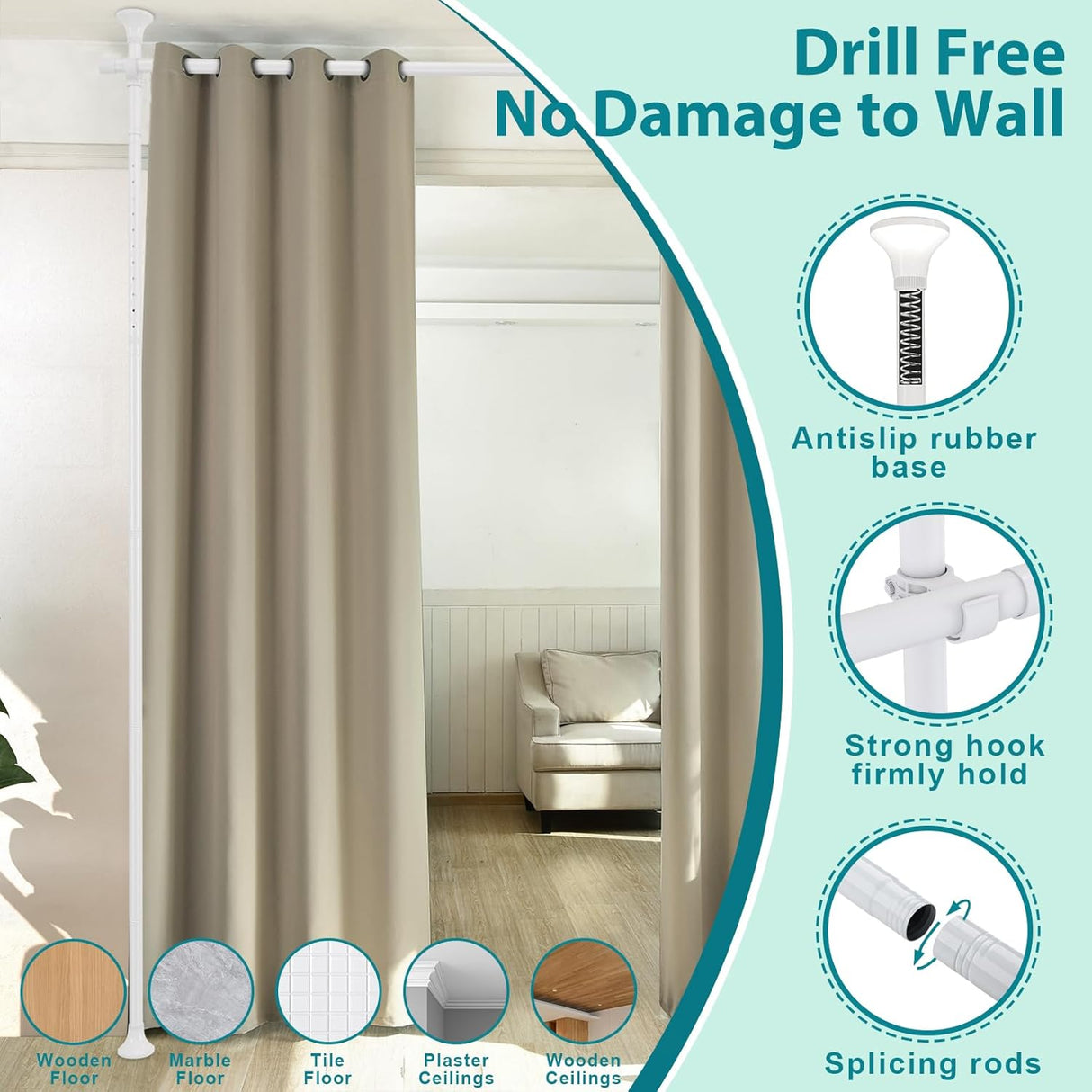 Room Divider, No Drilling Curtain Rods Wall Divider for Room Separation, 120” Tall 114” Wide Adjustable Floor to Ceiling Hanging Partition Room Dividers, Long Heavy Duty Room Divider Curtain Rods