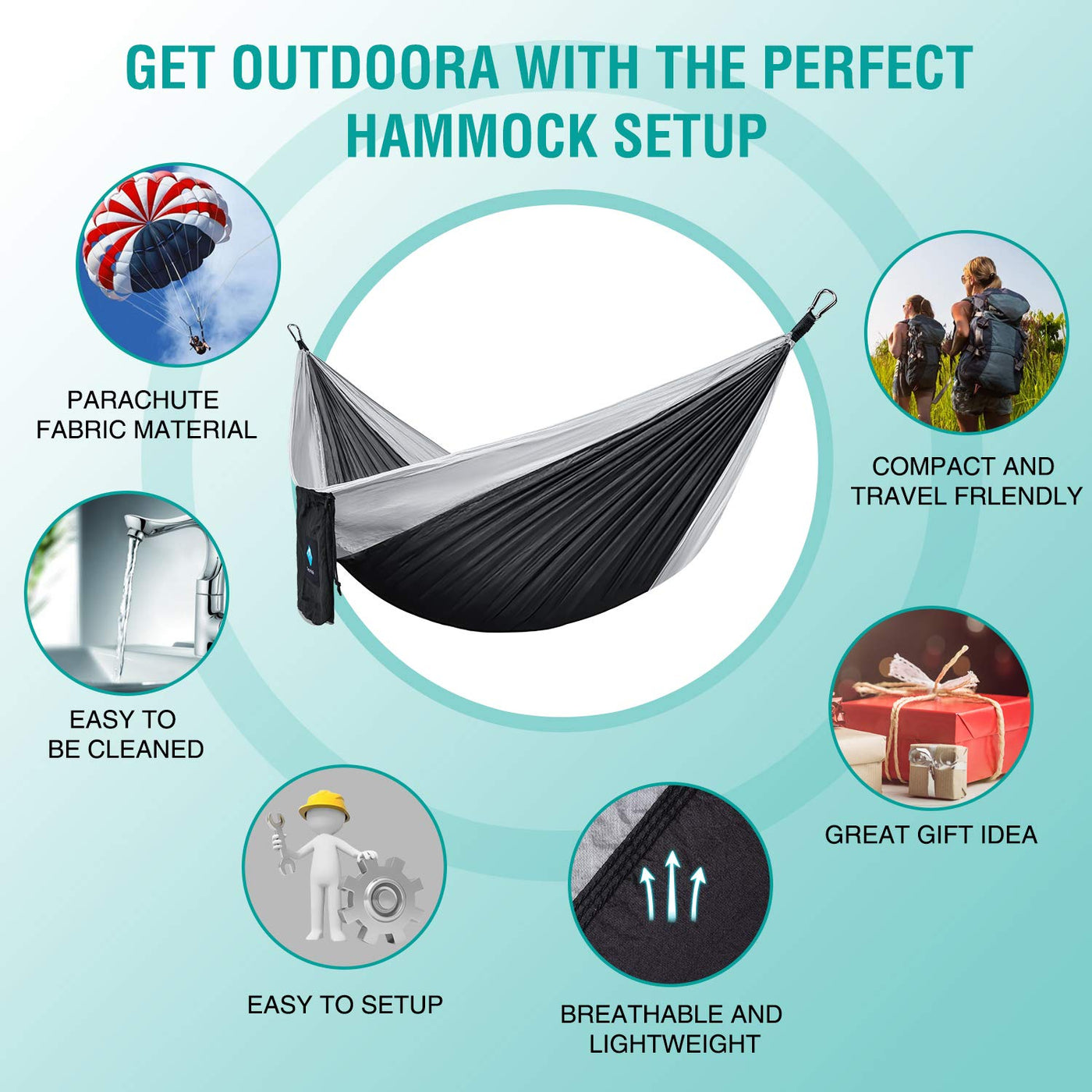 Portable 210D Nylon Camping Hammock – Black & Grey
