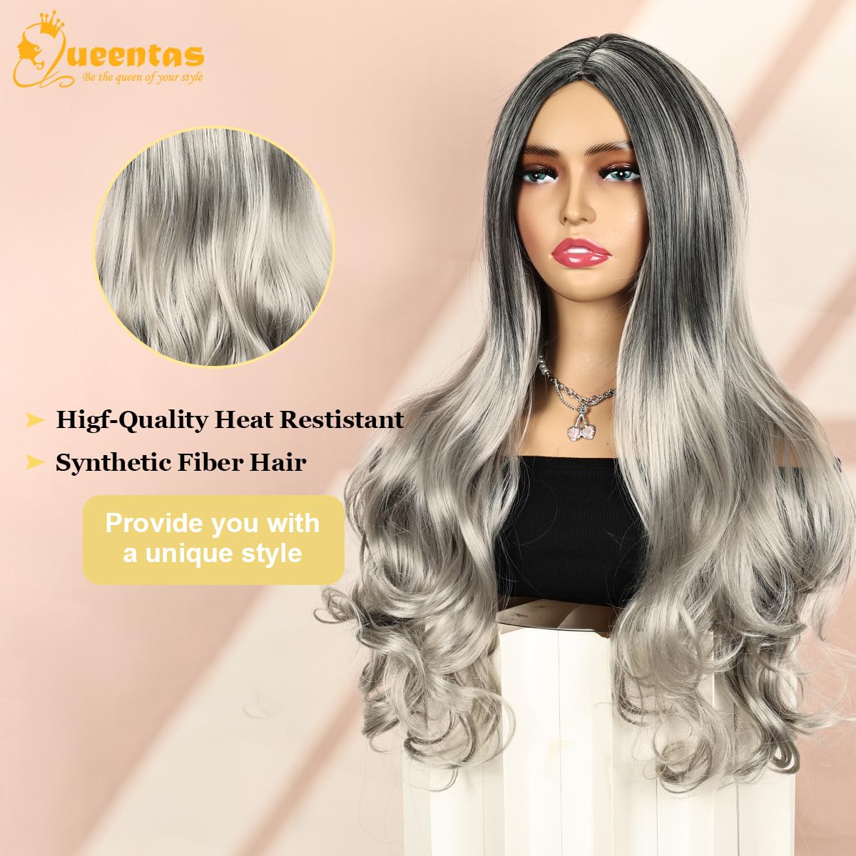 24-Inch Glueless Wavy Synthetic Wig – Silver Grey