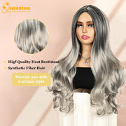 24-Inch Glueless Wavy Synthetic Wig – Silver Grey