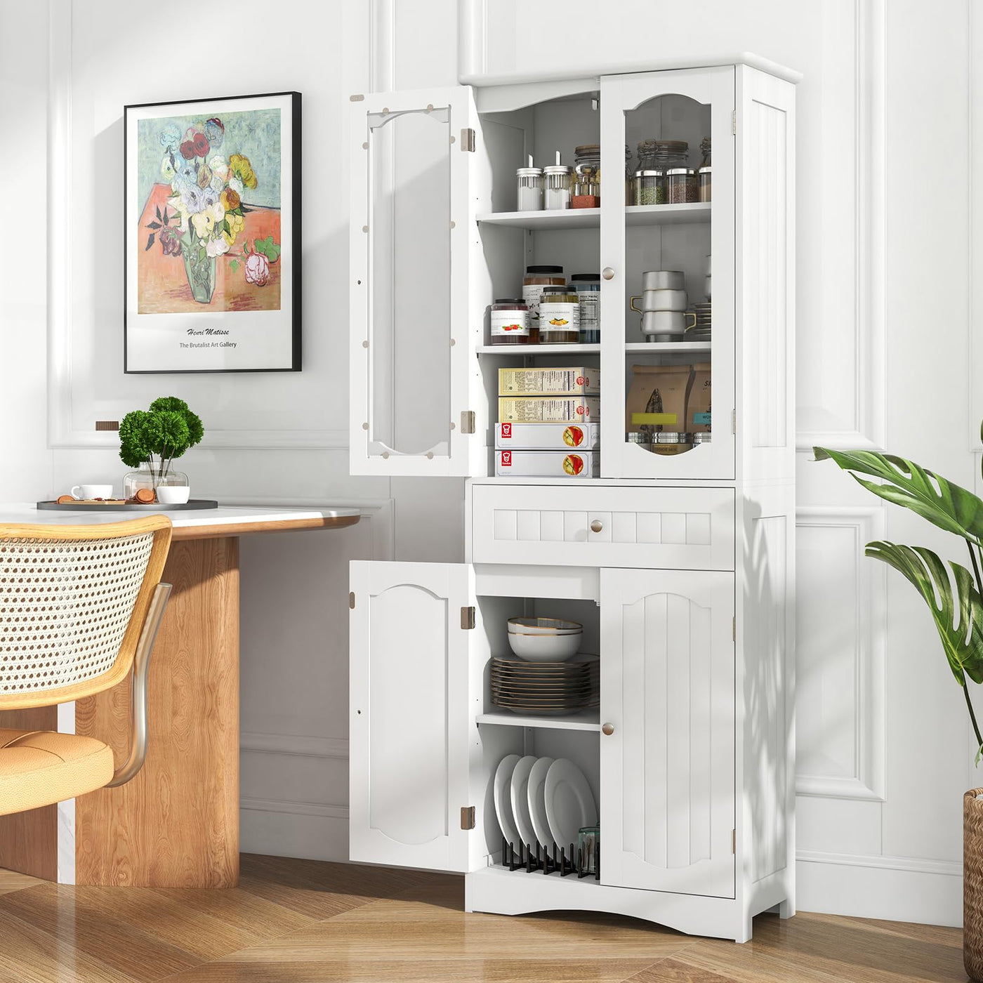 160 cm White Storage Cabinet with Glass Doors & Drawer