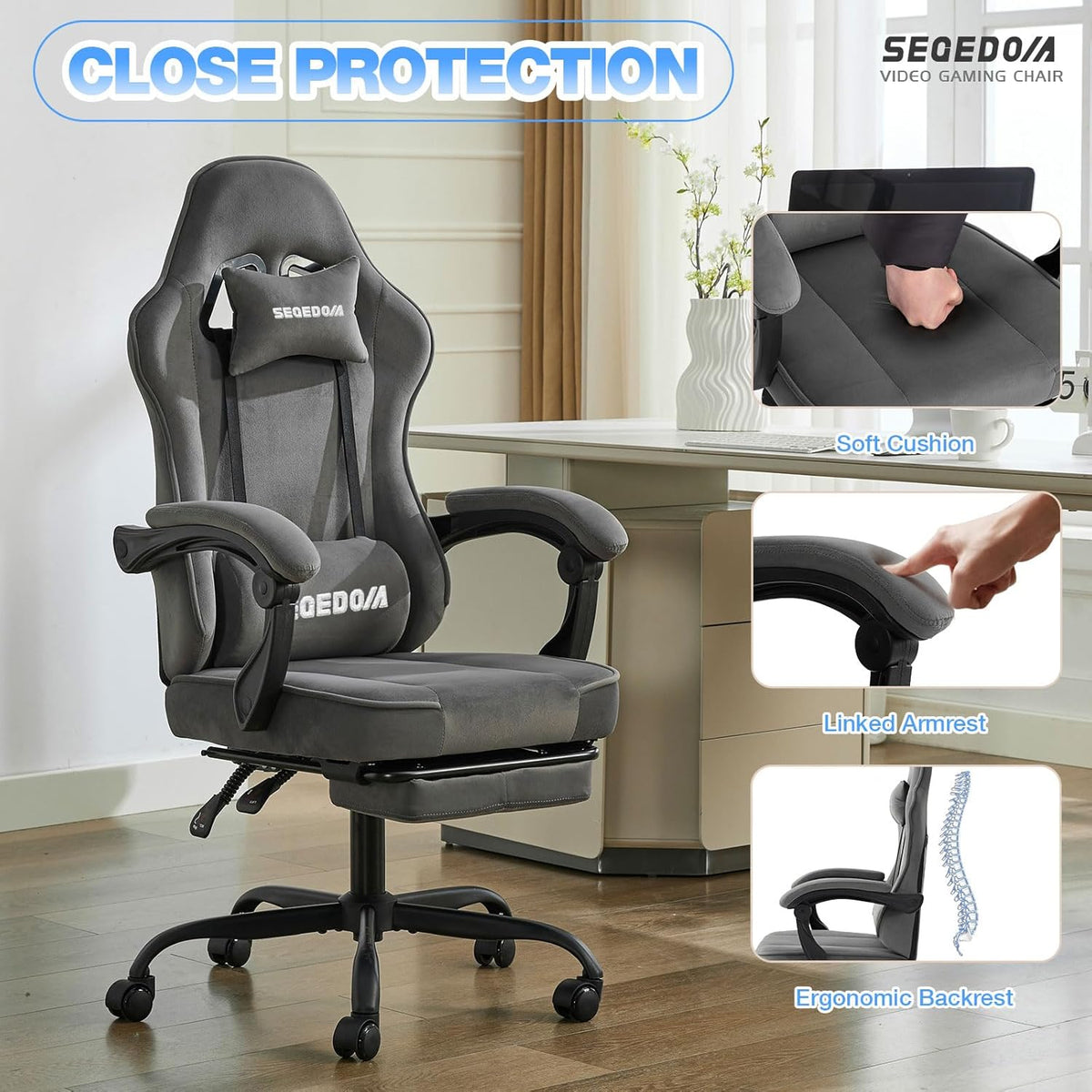 Gaming Chair Technology Fabric Computer Chair with Pocket Spring Cushion, Comfortable Ergonomic Gamer Chair for Adults, Massage Game Chair with Footrest,Reclining Chair, Home,Office,Teens,Grey