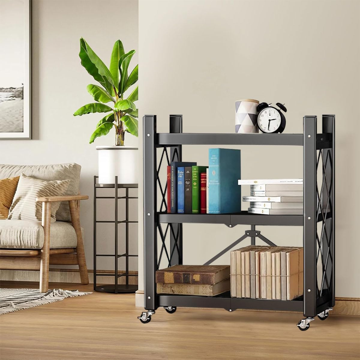3-Tier Foldable Storage Shelf with Wheels - Metal Collapsible Shelving Unit Display, Rolling Cart for Books Kitchen Storage Shelves - Black
