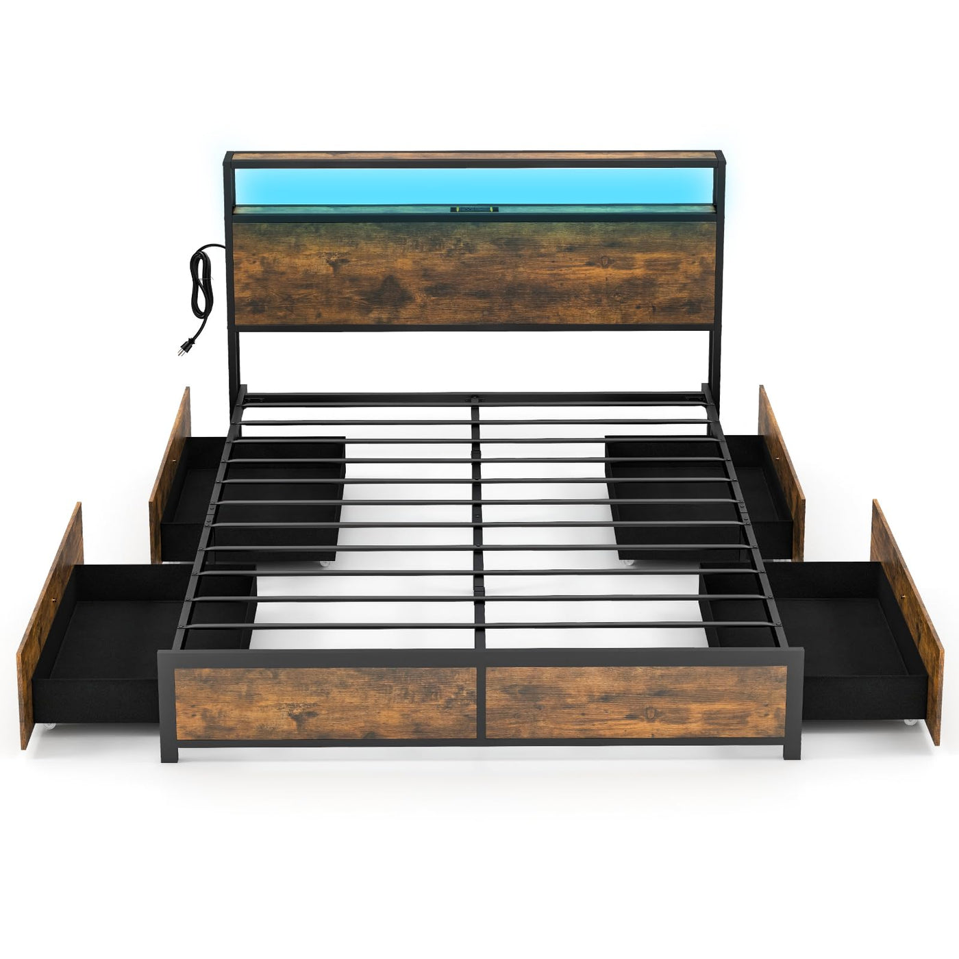 Queen Metal Platform Bed with RGB Headboard, Charging & 4 Drawers