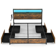 Queen Metal Platform Bed with RGB Headboard, Charging & 4 Drawers